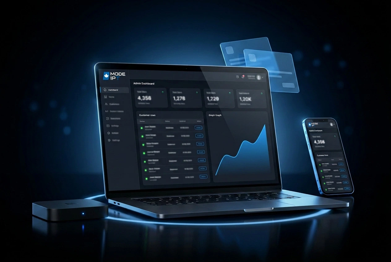 Mode IPTV reseller panel on a laptop and a phone