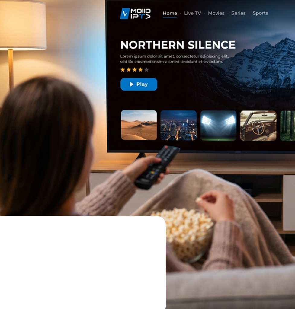 Woman watching Mode IPTV on her TV with popcorn