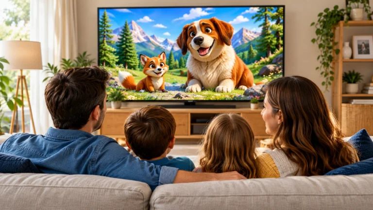 Family enjoying an animated program with IPTV Canada