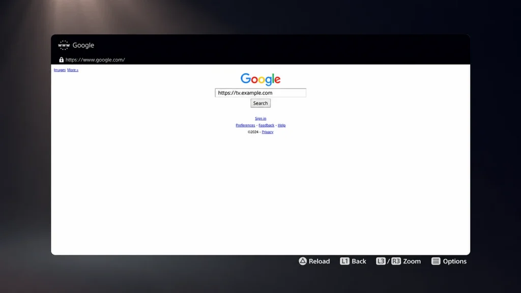 Google search page in the PS5 browser