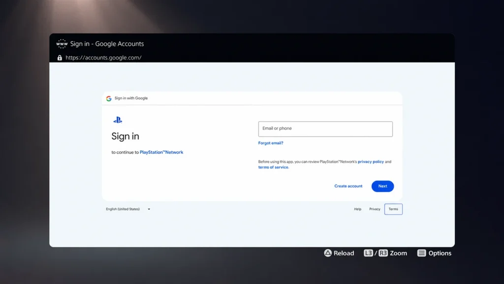 Google sign-in page on the PS5 with the Terms link