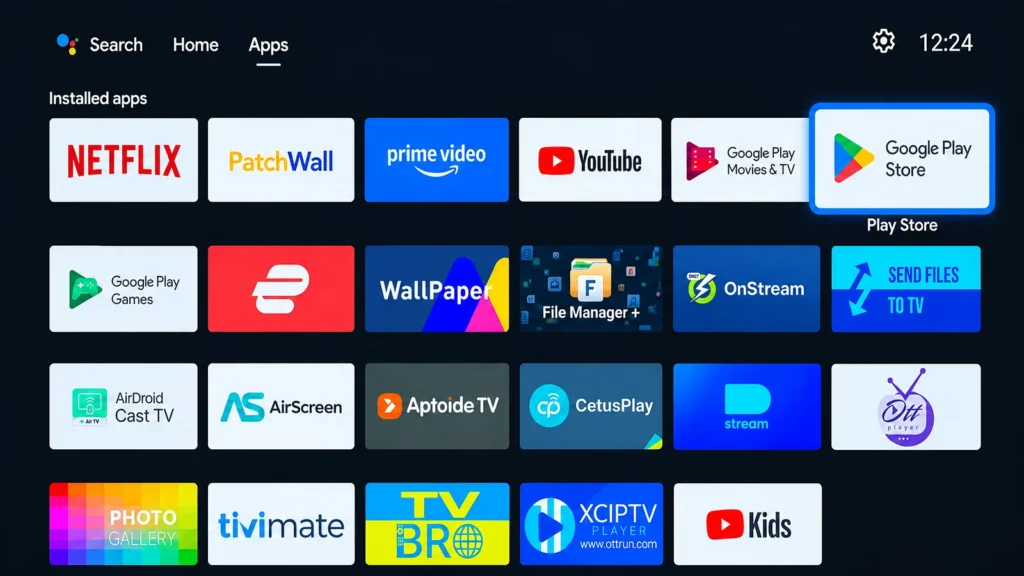 Google TV home screen with the Play Store selected