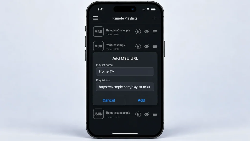 GSE Smart IPTV Add M3U URL form with the playlist name and link