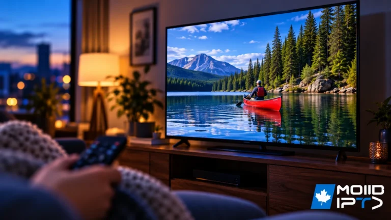 Viewer with a remote watching Mode IPTV in HD on a large TV
