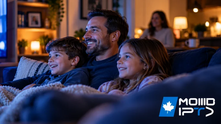 A father and his kids watching Mode IPTV on the couch