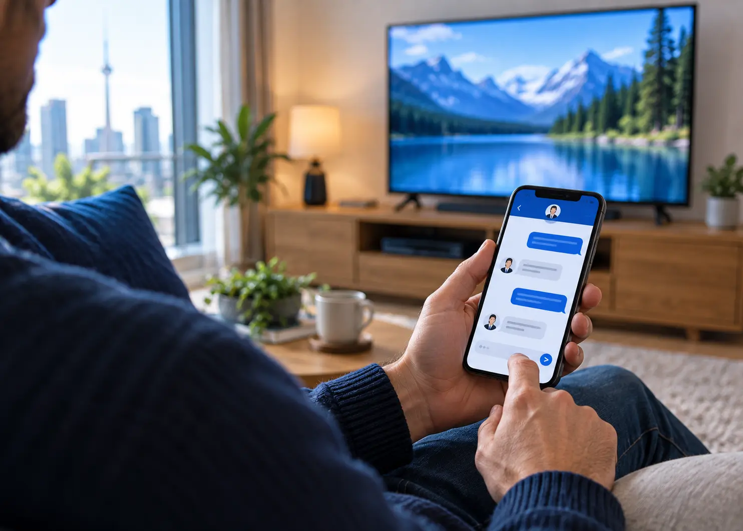 Viewer chatting with Mode IPTV support while watching TV
