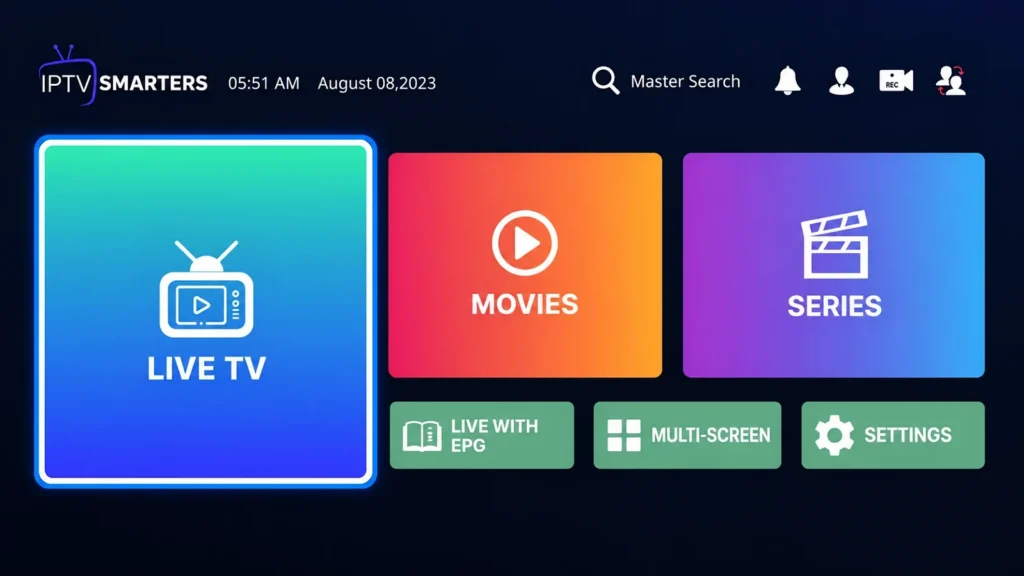IPTV Smarters Pro home screen with Live TV, Movies and Series
