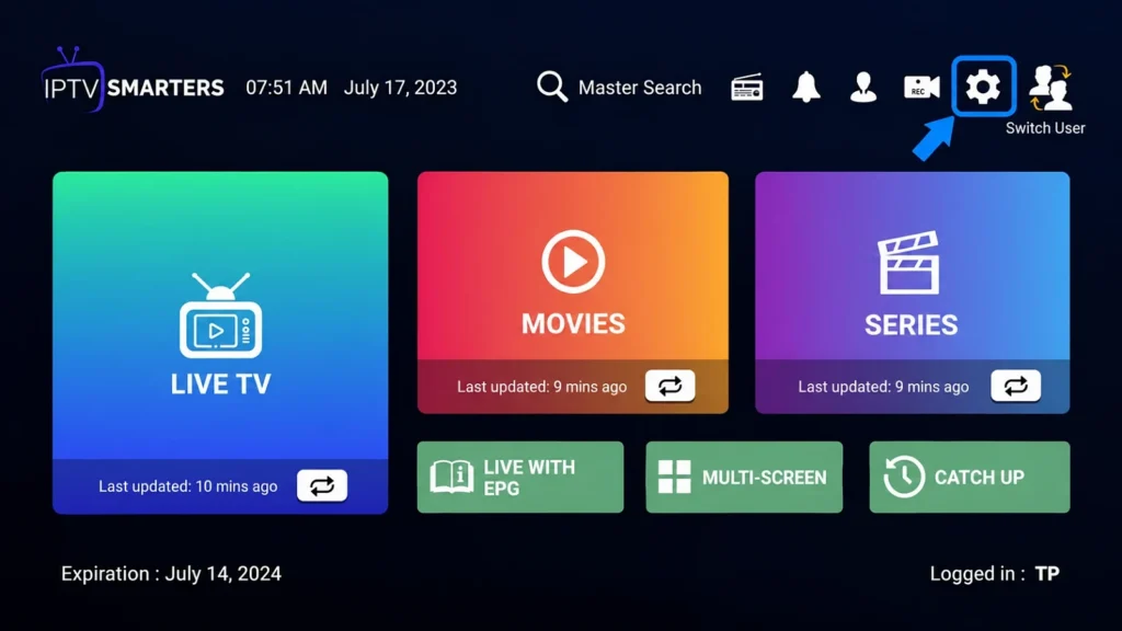 IPTV Smarters Pro home screen with Settings