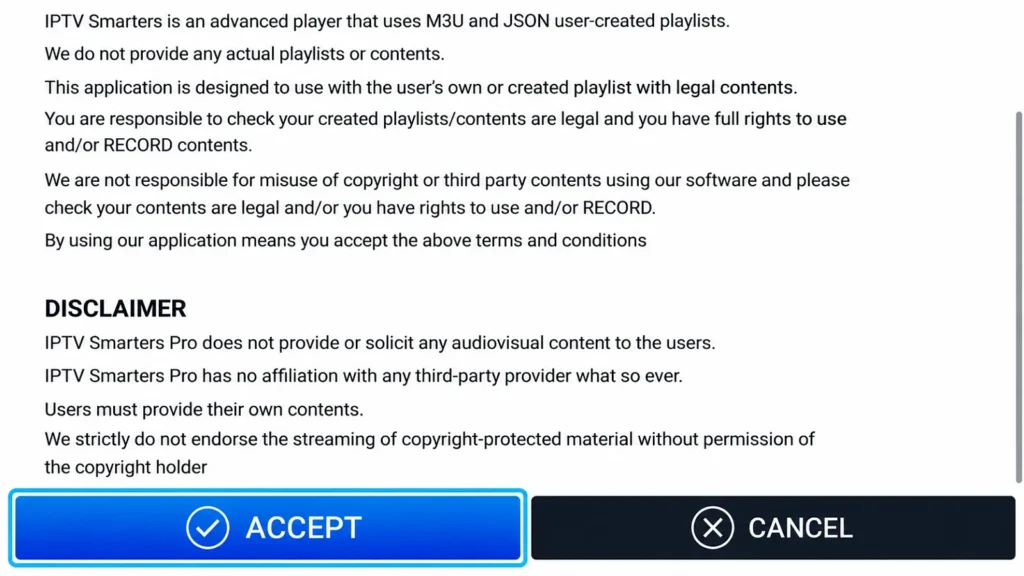 IPTV Smarters Pro terms of use with the Accept button
