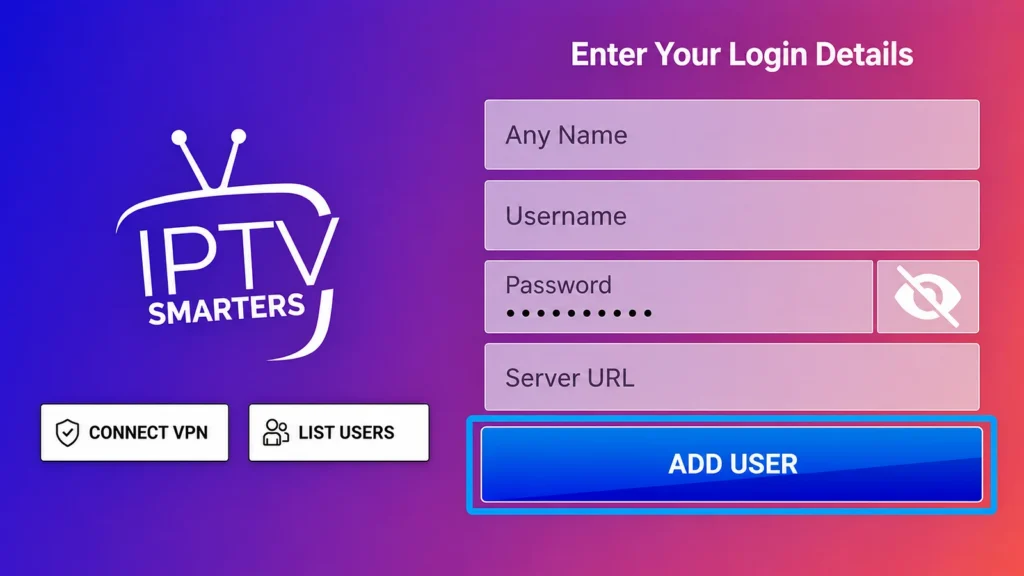 IPTV Smarters Pro Xtream Codes login form