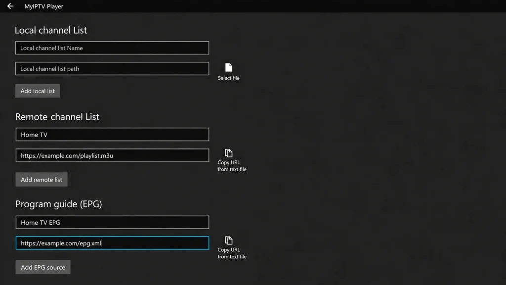 MyIPTV Player Program guide (EPG) fields with Add EPG source
