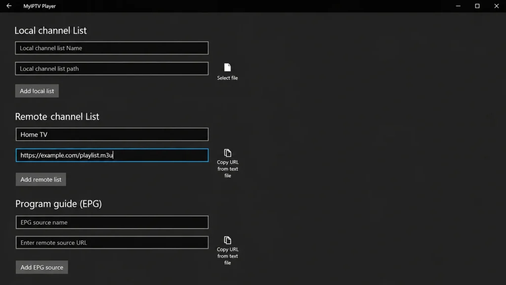 MyIPTV Player Remote channel list with Add remote list