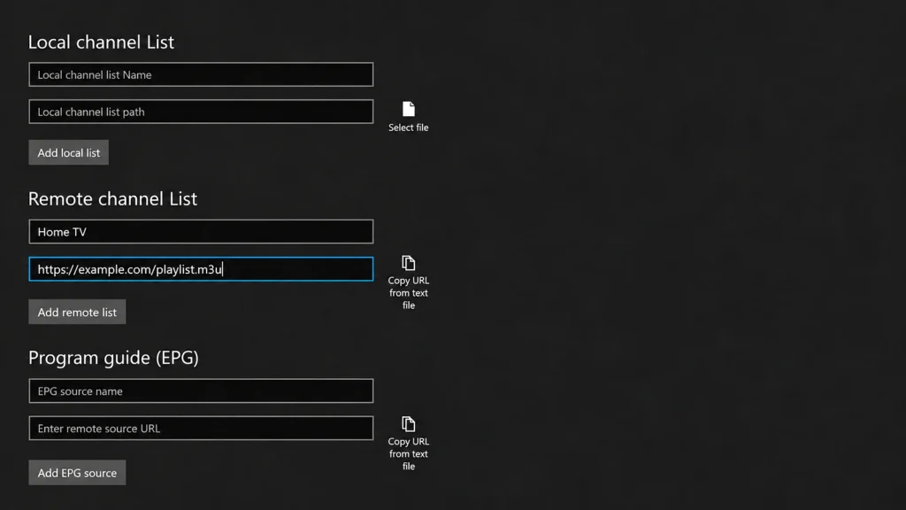 MyIPTV Player settings, Add new playlist and EPG source