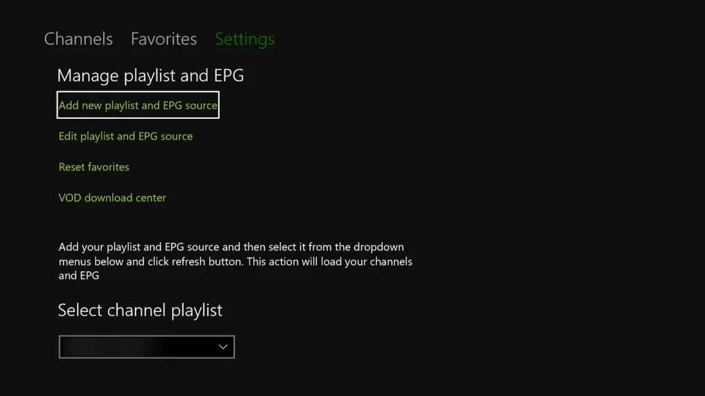 MyIPTV Player settings on Xbox with Add new playlist and EPG source