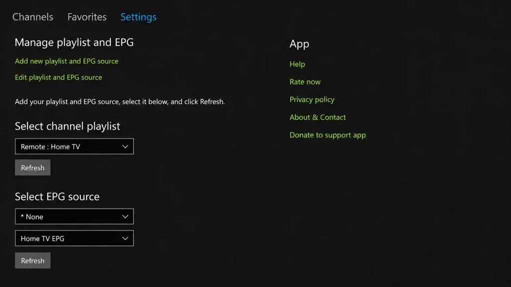 MyIPTV Player settings on Xbox with the playlist selected and Refresh