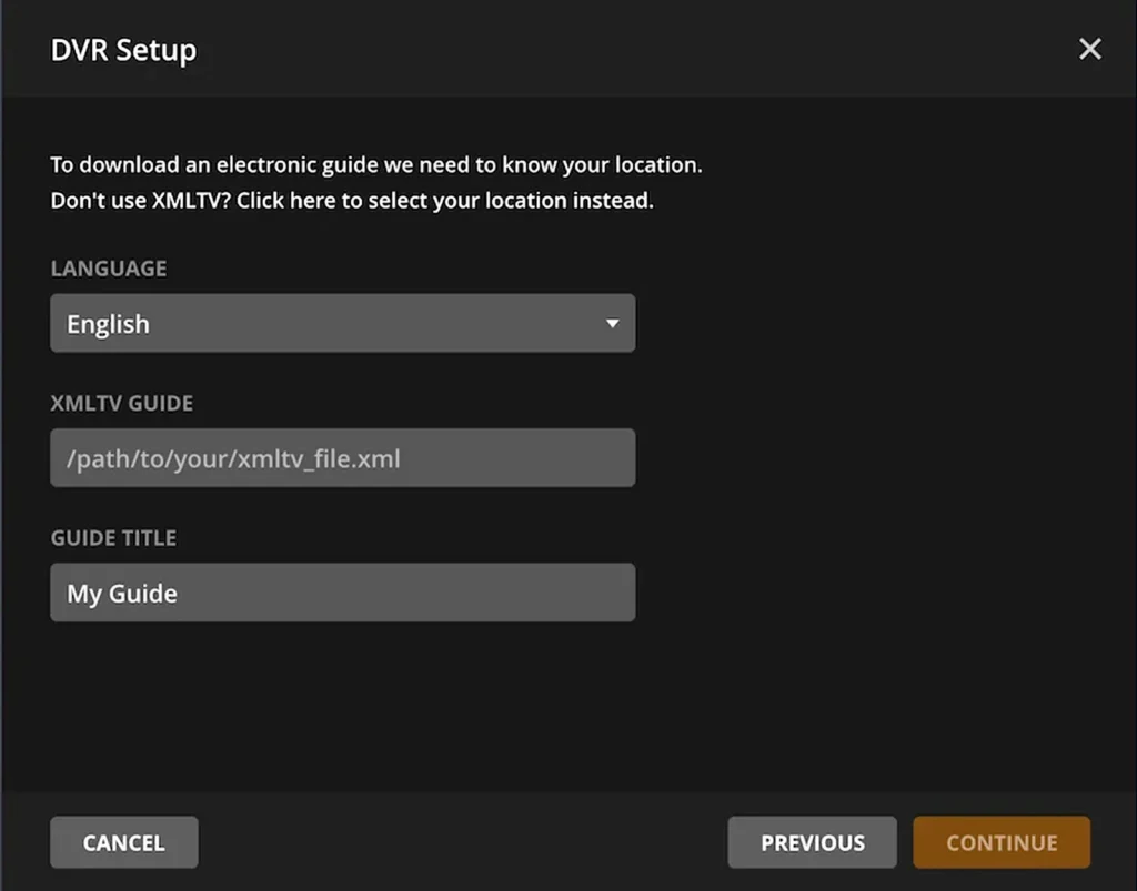 Plex DVR setup with the XMLTV guide field