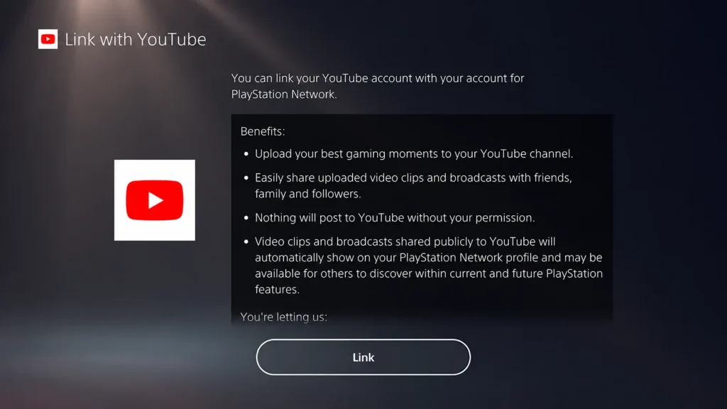 PS5 Link with YouTube screen with the Link button
