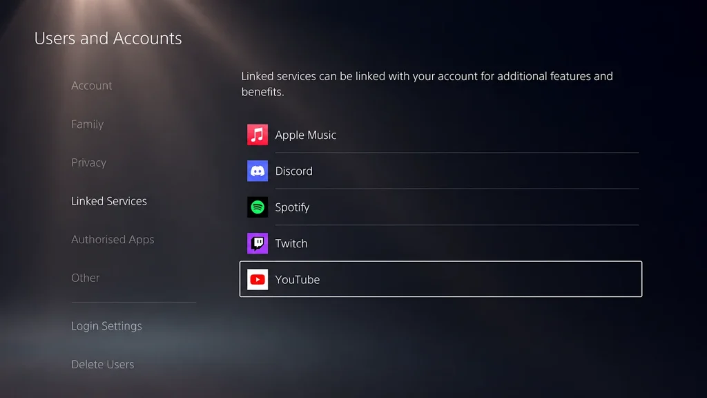 PS5 Linked Services with YouTube