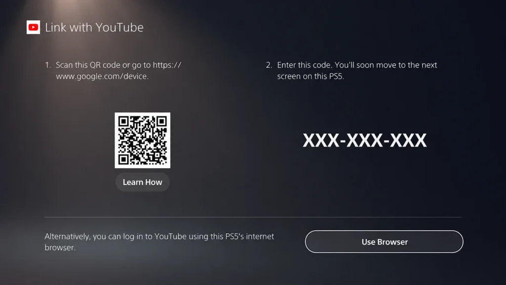 PS5 QR code page with Use Browser