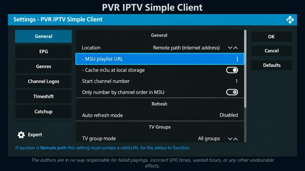 PVR IPTV Simple Client settings with the M3U playlist URL