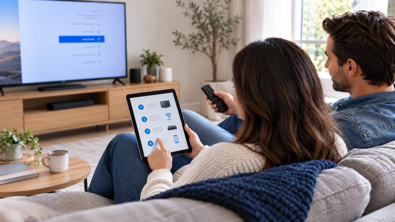 Two people following an IPTV setup guide on a tablet beside their TV.