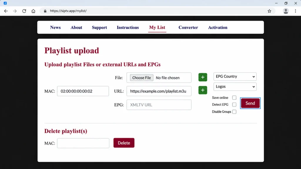 Smart IPTV upload form with the MAC, URL and Send