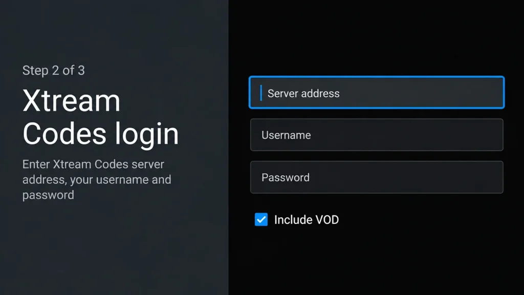 TiviMate Xtream Codes form with server address, username and password