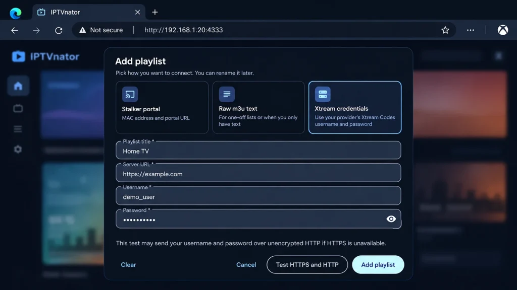 Web player Add playlist form with Xtream Codes details