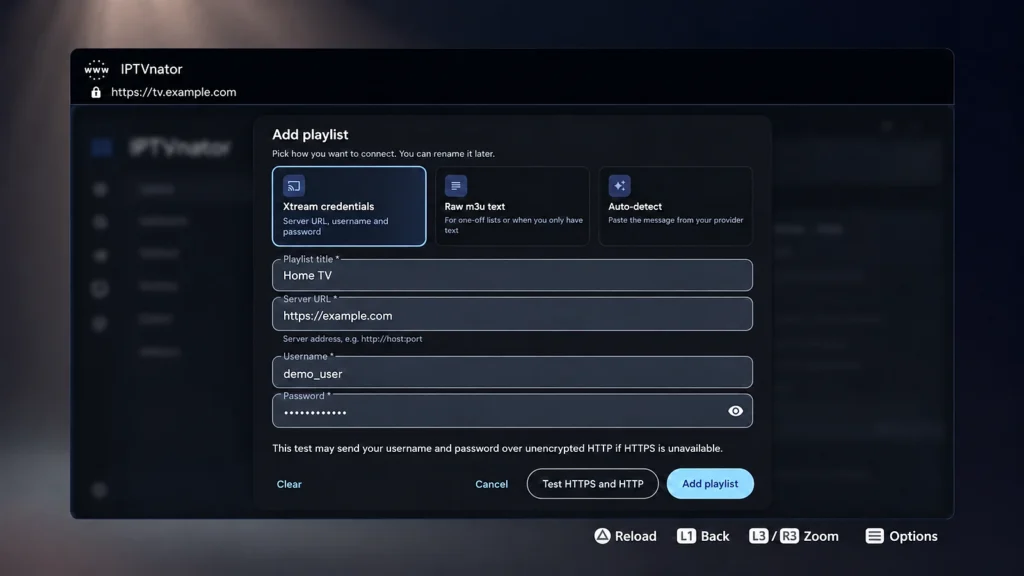 Web player Xtream Codes form with playlist name, server URL, username and password