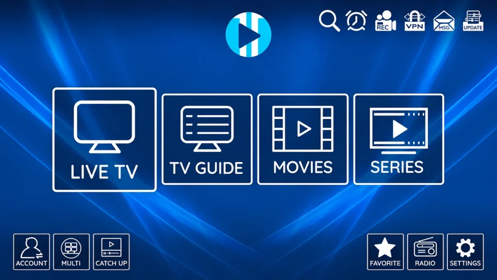 XCIPTV home screen with Live TV, TV Guide, Movies and Series