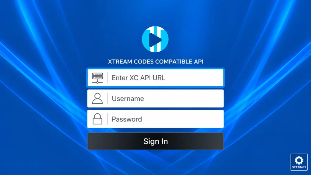 XCIPTV sign-in form with XC API URL, username and password